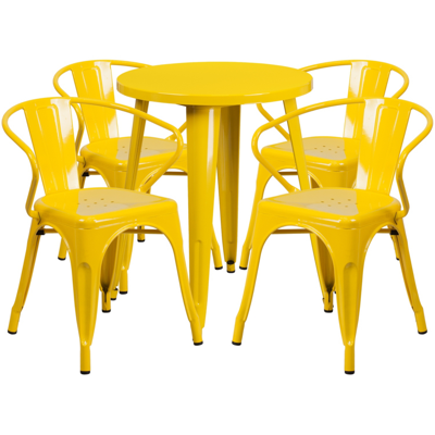 FLASH FURNITURE 24'' ROUND YELLOW METAL INDOOR-OUTDOOR TABLE SET WITH 4 ARM CHAIRS