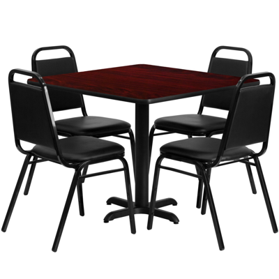 Flash Furniture 36'' Square Mahogany Laminate Table Set With 4 Black Trapezoidal Back Banquet Chairs