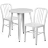 FLASH FURNITURE 24'' ROUND WHITE METAL INDOOR-OUTDOOR TABLE SET WITH 2 VERTICAL SLAT BACK CHAIRS