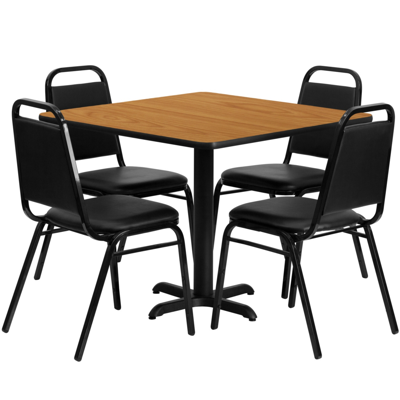 Flash Furniture 36'' Square Natural Laminate Table Set With 4 Black Trapezoidal Back Banquet Chairs