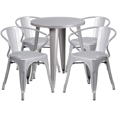 Flash Furniture 24'' Round Silver Metal Indoor-outdoor Table Set With 4 Arm Chairs In Gray