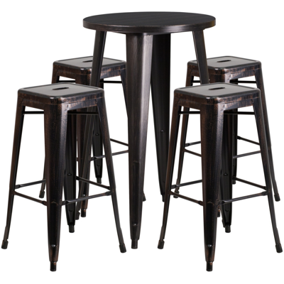 Flash Furniture 24'' Round Black-antique Gold Metal Indoor-outdoor Bar Table Set With 4 Square Seat Backless Stools