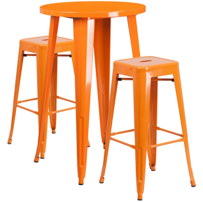 Flash Furniture 24'' Round Orange Metal Indoor-outdoor Bar Table Set With 2 Square Seat Backless Stools