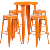 FLASH FURNITURE 24'' ROUND ORANGE METAL INDOOR-OUTDOOR BAR TABLE SET WITH 4 SQUARE SEAT BACKLESS STOOLS