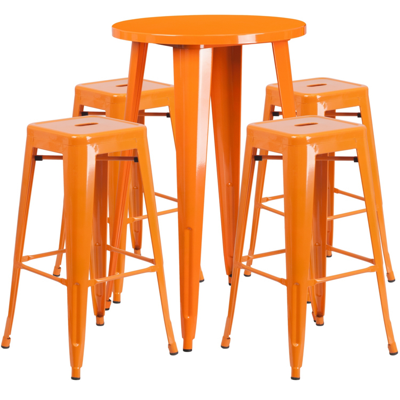 Flash Furniture 30'' Round Orange Metal Indoor-outdoor Bar Table Set With 4 Square Seat Backless Stools