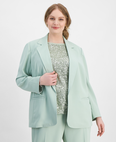 Anne Klein Plus Size Notched-collar Open-front Blazer In Jade Stone