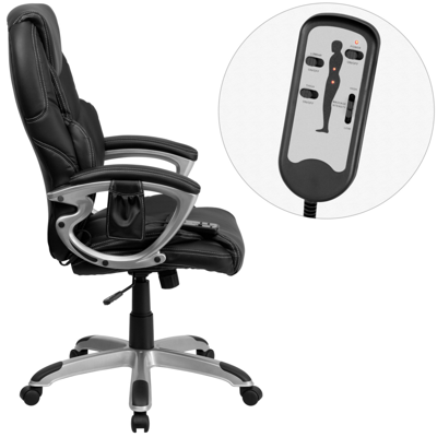 Flash Furniture High Back Massaging Black Leather Executive Swivel Chair With Silver Base And Arms