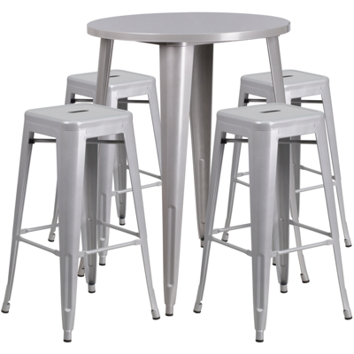 Flash Furniture 30'' Round Silver Metal Indoor-outdoor Bar Table Set With 4 Square Seat Backless Stools In Gray