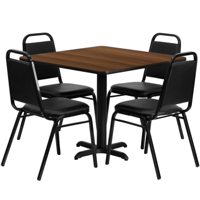 Flash Furniture 36'' Square Walnut Laminate Table Set With 4 Black Trapezoidal Back Banquet Chairs