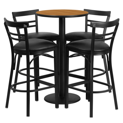 Flash Furniture 24'' Round Natural Laminate Table Set With 4 Ladder Back Metal Barstools In Black