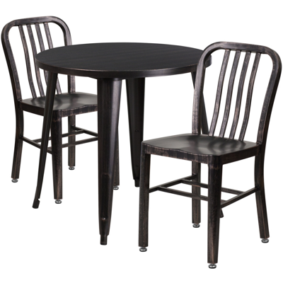 Flash Furniture 30'' Round Black-antique Gold Metal Indoor-outdoor Table Set With 2 Vertical Slat Back Chairs