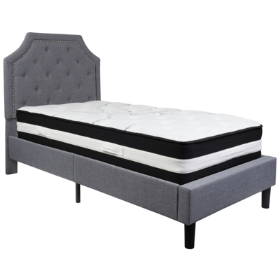 Flash Furniture Brighton Twin Size Tufted Upholstered Platform Bed In Light Gray Fabric With Pocket Spring Mattress