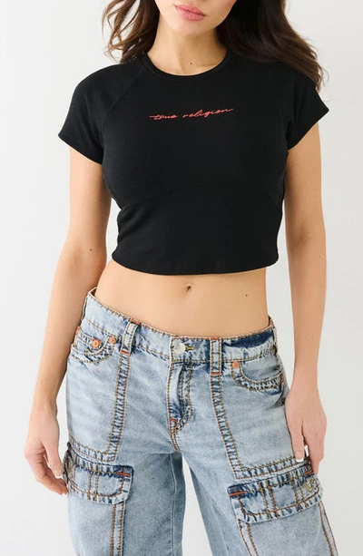 True Religion Brand Jeans Rib Logo Crop T-shirt In Jet Black