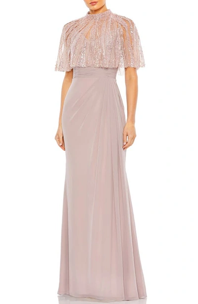 Mac Duggal High Neck Embellished Hand Beaded Cape Evening Gown In Purple
