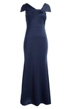 ELIZA J WRAP NECKLINE SCUBA CREPE GOWN