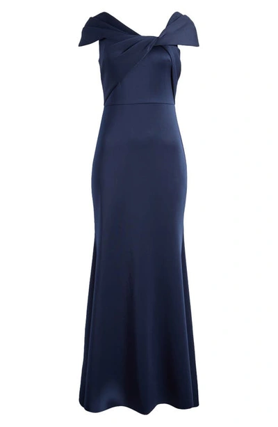 Eliza J Wrap Neckline Scuba Crepe Gown In Navy