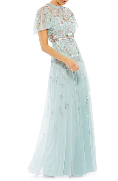 Mac Duggal Floral Embellished Flutter Sleeve Tulle Gown In Mint Multi