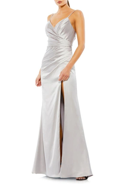 Mac Duggal Ruched Satin A-line Gown In Platinum