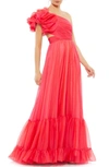Mac Duggal Ruffle Detail Open Back Tiered Gown In Hot Pink