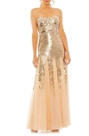 Mac Duggal Strapless Sequin Mesh Gown In Rose Gold