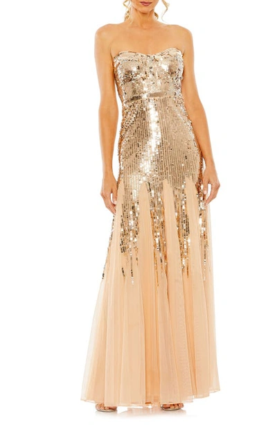 Mac Duggal Strapless Sequin Mesh Gown In Rose Gold