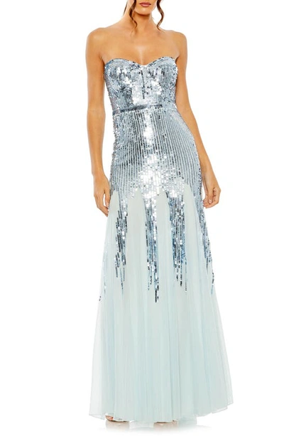 Mac Duggal Strapless Sequin Mesh Gown In Ice Blue