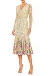 Mac Duggal Floral Embellished Long Sleeve Midi Cocktail Dress In Gold Multi