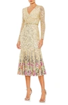 Mac Duggal Long Sleeve Faux Wrap Embellished Tea Length Dress In Gold Multi