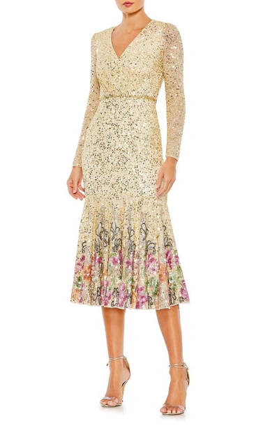 Mac Duggal Floral Embellished Long Sleeve Midi Cocktail Dress In Gold Multi