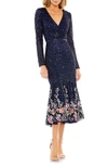 Mac Duggal Long Sleeve Faux Wrap Embellished Tea Length Dress In Midnight