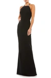 Mac Duggal Crystal Bow Halter Neck Column Gown In Black