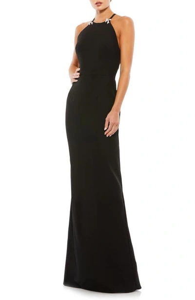 Mac Duggal Crystal Bow Halter Neck Column Gown In Black