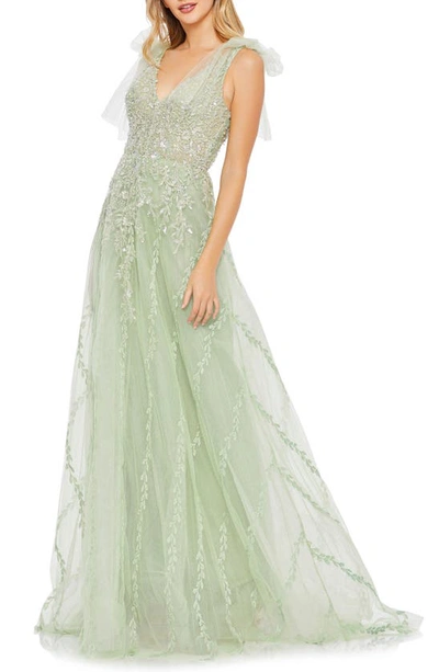 Mac Duggal Embellished Mesh Gown In Sage