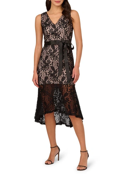 Adrianna Papell Lace Flounce Hem Dress In Black