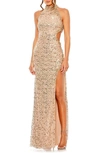 Mac Duggal Side Cut Out High Neck Sequin Gown In Rose Gold