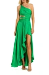 Mac Duggal One Shoulder Pleated Charmeuse Gown With Slit In Spring Green