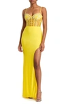 Mac Duggal Halter Neck Rouched Side Front Slit Gown In Lemon
