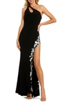 Mac Duggal One Shoulder Keyhole Gown With Embellished Slit In Black