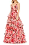 Mac Duggal Floral Printed Chiffon Ruffle Tiered Cut Out Ballgown In Pink Multi