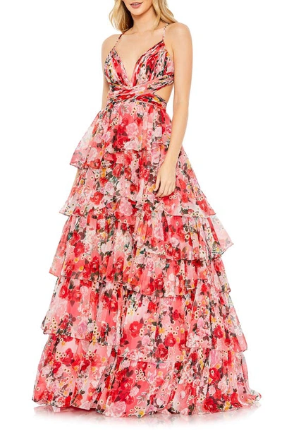 Mac Duggal Floral Tiered Chiffon Ballgown In Pink Multi