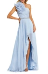 Mac Duggal 3d Floral One Shoulder Pleated Chiffon High Low Gown In Powder Blue