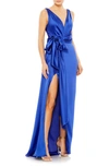 Mac Duggal Self Tie Draped Gown With Overlay Train In Blue
