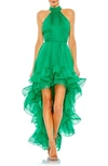 Mac Duggal Halter Neck Tiered Ruffle High Low Dress In Emerald
