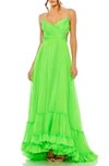 Mac Duggal Ruched Sleeveless Tiered Gown In Lime