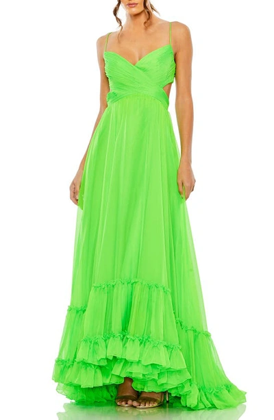 Mac Duggal Ruched Sleeveless Tiered Gown In Lime