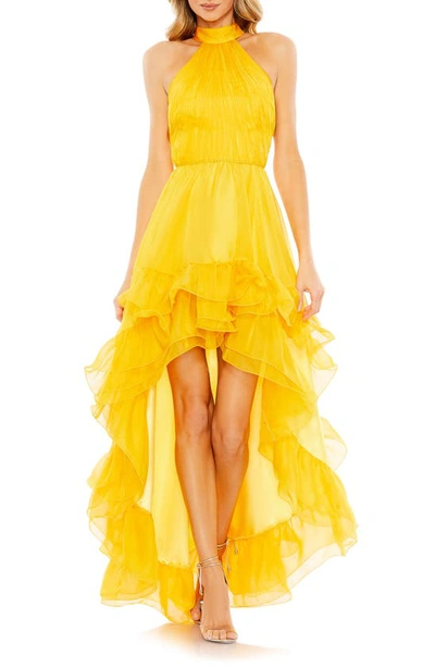 Mac Duggal Halter Neck Tiered Ruffle High Low Dress In Gold