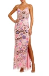 Mac Duggal Hand-embellished Spaghetti Strap Bustier Applique Gown With Thigh-high Slit In Pink Multi
