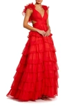 Mac Duggal Tiered Ruffle Tulle Gown In Red
