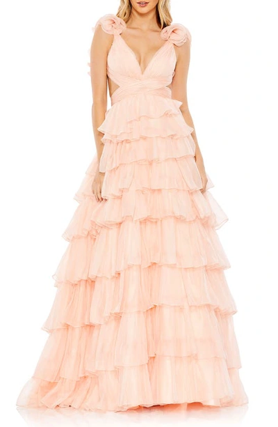 Mac Duggal Tiered Ruffle Tulle Gown In Blush
