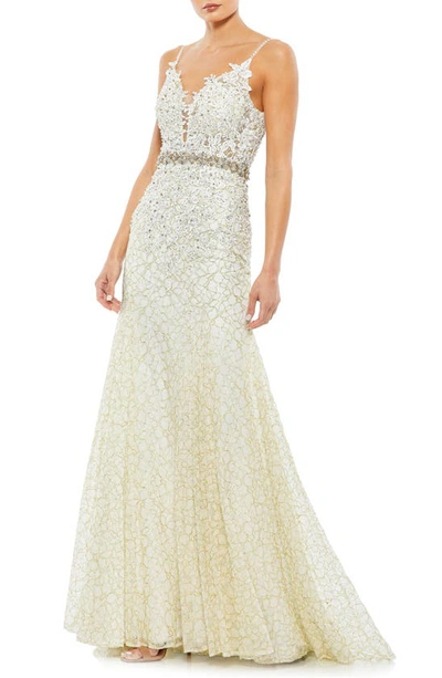 Mac Duggal Embellished Lace Appliqué Trumpet Gown In Ivory
